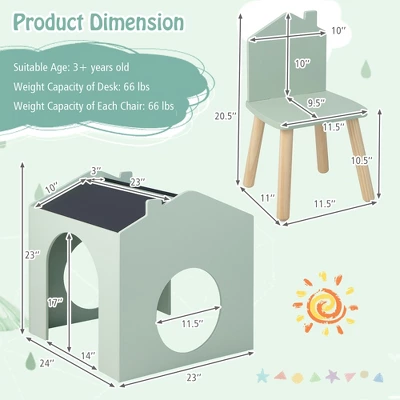 Costway 3 Piece Kids Wooden Table And Chair Set With Blackboard For Drawing Reading Green/Gray/White 2 Costway 3 Piece Kids Wooden Table And Chair Set With Blackboard For Drawing Reading Green/Gray/White - Image 2