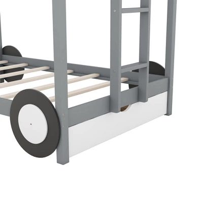 Twin Over Twin Car-Shaped Bunk Bed With Wheels, Drawers And Shelves, Gray - ModernLuxe 9 Twin Over Twin Car-Shaped Bunk Bed With Wheels, Drawers And Shelves, Gray - ModernLuxe - Image 9