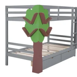Twin-Over-Twin Bunk Bed With A Tree Decor And Two Storage Drawers-ModernLuxe -Children Household Series GUEST 03cd6975 5f79 4ee5 b04d 823772e42455