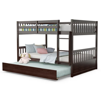 Costway Full Over Full Bunk Bed Platform Wood Bed W/ Trundle & Ladder Rail Brown/White 11 Costway Full Over Full Bunk Bed Platform Wood Bed W/ Trundle & Ladder Rail Brown/White - Image 11