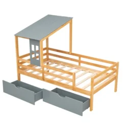 Twin Size House Low Loft Bed With Two Storage Drawers - ModernLuxe -Children Household Series GUEST 0775eda5 6ab0 475a 8699 8999183c9ae7