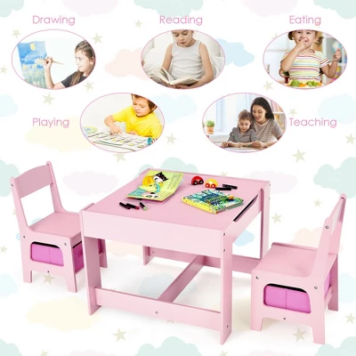 Costway 3 In 1 Kids Wood Table Chairs Set W/ Storage Box Blackboard Drawing Pink 8 Costway 3 In 1 Kids Wood Table Chairs Set W/ Storage Box Blackboard Drawing Pink - Image 8