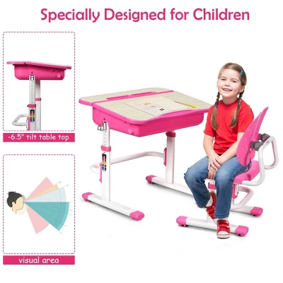 Costway Adjustable Children Study Desk Chair Set W/Winged Backrest Pink 4 Costway Adjustable Children Study Desk Chair Set W/Winged Backrest Pink - Image 4