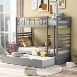 Twin Over Twin Wood Bunk Bed With Safety Rail And Movable Trundle-ModernLuxe -Children Household Series GUEST 17252027 449e 41d5 91a8 526020cb79f7