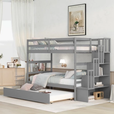 Twin Over Twin Bunk Bed With Trundle, Stairs And Storage Shelves-ModernLuxe 1 Twin Over Twin Bunk Bed With Trundle, Stairs And Storage Shelves-ModernLuxe