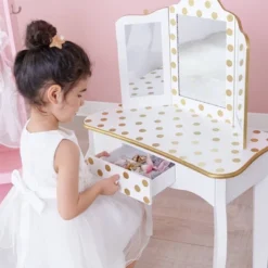 Fashion Polka Dot Gisele Play Vanity Set With Led Mirror White/Gold - Teamson Kids -Children Household Series GUEST 1d8d35a1 1982 42c4 a223 b6ce266208ff