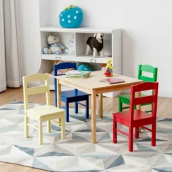 Costway Kids 5 Piece Table Chair Set Pine Wood Multicolor Children Play Room Furniture -Children Household Series GUEST 23d1501d 6da0 4d8f 96cc f8a67abf3e61