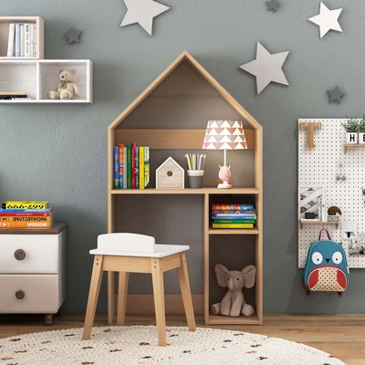 Costway Kids House-Shaped Table & Chair Set Wooden Toy Organizer Cabinet With Blackboard Grey/White 1 Costway Kids House-Shaped Table & Chair Set Wooden Toy Organizer Cabinet With Blackboard Grey/White
