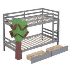 Twin-Over-Twin Bunk Bed With A Tree Decor And Two Storage Drawers-ModernLuxe -Children Household Series GUEST 2fd025cd 7d2d 4e0e 9a5d b0fb7936473e