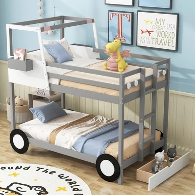 Twin Over Twin Car-Shaped Bunk Bed With Wheels, Drawers And Shelves, Gray - ModernLuxe 2 Twin Over Twin Car-Shaped Bunk Bed With Wheels, Drawers And Shelves, Gray - ModernLuxe - Image 2