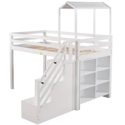 Twin Over Full Bunk Bed With Staircase, Shelves And House Roof-ModernLuxe -Children Household Series GUEST 32460b03 d651 435f 9cbb b32de4a81761