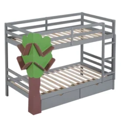 Twin-Over-Twin Bunk Bed With A Tree Decor And Two Storage Drawers-ModernLuxe -Children Household Series GUEST 32c649a9 f94f 497d 8e74 536858bda2d6