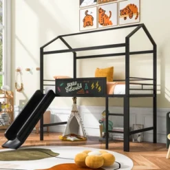Twin Size Metal House Loft Bed With Slide And Two-Sided Writable Wooden Board-ModernLuxe -Children Household Series GUEST 3785b0a5 2630 48d7 bfa6 506582bf7470