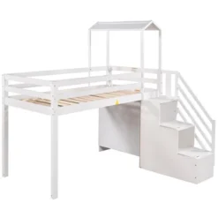 Twin Over Full Bunk Bed With Staircase, Shelves And House Roof-ModernLuxe -Children Household Series GUEST 38f5e944 dcac 48a5 a2e9 7f16ba4b6562