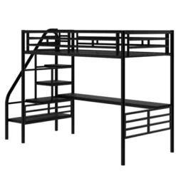 Metal Twin Size Loft Bed With Desk, Black - ModernLuxe -Children Household Series GUEST 474e4206 3c0f 4419 9a0e 8dee14f0cbdf