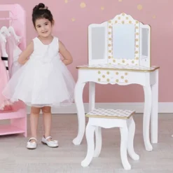 Fashion Polka Dot Gisele Play Vanity Set With Led Mirror White/Gold - Teamson Kids -Children Household Series GUEST 47d4c37d 94d8 4596 b31a 9cc32422096d