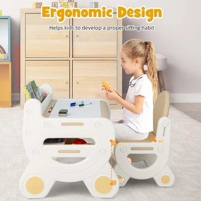 Costway Kids Drawing Table & Chair Set For Reading Playing With Pens & Blackboard Eraser Blue/Brown 2 Costway Kids Drawing Table & Chair Set For Reading Playing With Pens & Blackboard Eraser Blue/Brown - Image 2