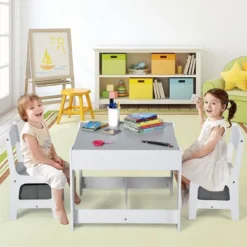 Costway Kids Table Chairs Set With Storage Boxes Blackboard Whiteboard Drawing GreyNature -Children Household Series GUEST 4aa7145d cfbf 4a0b 988e beda2a38d80d