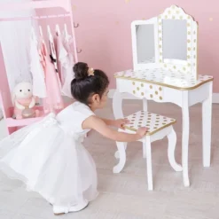 Fashion Polka Dot Gisele Play Vanity Set With Led Mirror White/Gold - Teamson Kids -Children Household Series GUEST 4f1fb93f dbcd 40c7 a12e 6bba57ec1c81