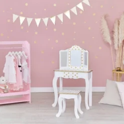 Fashion Polka Dot Gisele Play Vanity Set With Led Mirror White/Gold - Teamson Kids -Children Household Series GUEST 5126d27d 9eae 4c46 b917 63a03d288f13