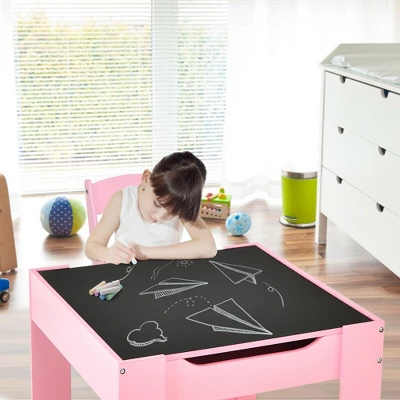 Costway 3 In 1 Kids Wood Table Chairs Set W/ Storage Box Blackboard Drawing Pink 3 Costway 3 In 1 Kids Wood Table Chairs Set W/ Storage Box Blackboard Drawing Pink - Image 3
