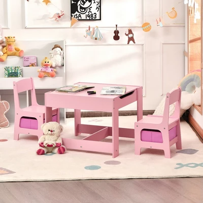 Costway 3 In 1 Kids Wood Table Chairs Set W/ Storage Box Blackboard Drawing Pink 2 Costway 3 In 1 Kids Wood Table Chairs Set W/ Storage Box Blackboard Drawing Pink - Image 2