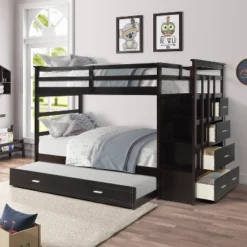 Twin Over Twin Wood Bunk Bed With 4 Drawers, Trundle And Staircase-ModernLuxe -Children Household Series GUEST 539675e1 e0cd 4fc3 abc1 1d67975108fc