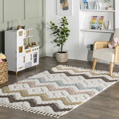 Sage Wavy Stripes Kids Tassel Area Rug 1 Sage Wavy Stripes Kids Tassel Area Rug