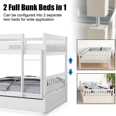 Costway Full Over Full Bunk Bed Platform Wood Bed W/ Trundle & Ladder Rail Brown/White 5 Costway Full Over Full Bunk Bed Platform Wood Bed W/ Trundle & Ladder Rail Brown/White - Image 5