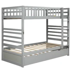 Twin Over Twin Wood Bunk Bed With Safety Rail And Movable Trundle-ModernLuxe -Children Household Series GUEST 5bf060a7 245a 4bcc bd40 a9c14a107a33