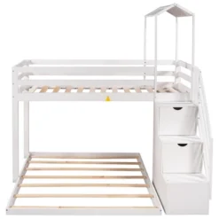 Twin Over Full Bunk Bed With Staircase, Shelves And House Roof-ModernLuxe -Children Household Series GUEST 5cbad751 c09b 4208 b044 a4fd481ee711