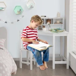 Costway Kids Corner Desk & Chair Set Wooden Study Writing Workstation With Storage & Hutch