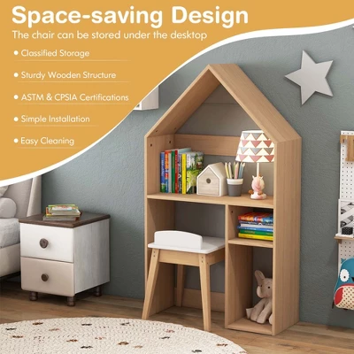 Costway Kids House-Shaped Table & Chair Set Wooden Toy Organizer Cabinet With Blackboard Grey/White 5 Costway Kids House-Shaped Table & Chair Set Wooden Toy Organizer Cabinet With Blackboard Grey/White - Image 5
