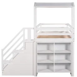 Twin Over Full Bunk Bed With Staircase, Shelves And House Roof-ModernLuxe -Children Household Series GUEST 74a5c629 da8b 490a bb45 0d6e3ea9aaa0