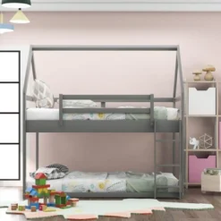 Twin Over Twin House Shaped Bunk Bed With Ladder And Guardrail-ModernLuxe