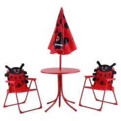 Costway Kids Patio Set Table And 2 Folding Chairs W/ Umbrella Beetle Outdoor Garden Yard