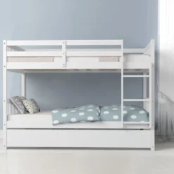 Costway Full Over Full Bunk Bed Platform Wood Bed W/ Trundle & Ladder Rail Brown/White 13 Costway Full Over Full Bunk Bed Platform Wood Bed W/ Trundle & Ladder Rail Brown/White -Children Household Series GUEST 8045f39d be65 4522 b84e b999377de929