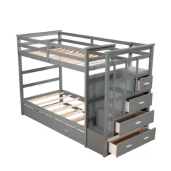 Twin Over Twin Wood Bunk Bed With 4 Drawers, Trundle And Staircase-ModernLuxe -Children Household Series GUEST 8194aab2 39ec 4d75 bef5 68c8e98ba193