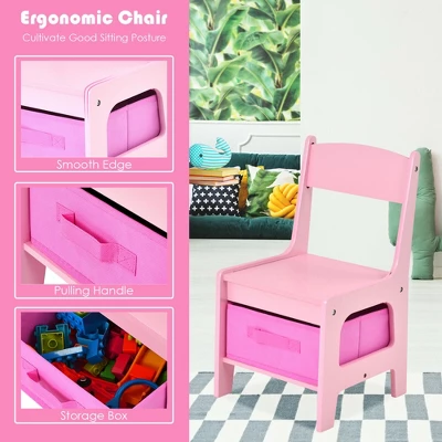 Costway 3 In 1 Kids Wood Table Chairs Set W/ Storage Box Blackboard Drawing Pink 9 Costway 3 In 1 Kids Wood Table Chairs Set W/ Storage Box Blackboard Drawing Pink - Image 9