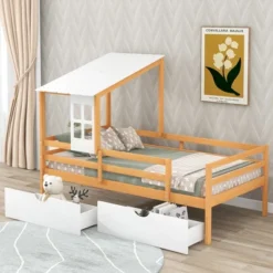 Twin Size House Low Loft Bed With Two Storage Drawers - ModernLuxe -Children Household Series GUEST 8471c761 1ec9 4e60 9aeb 48ec85dd58c3