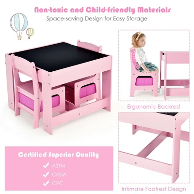 Costway 3 In 1 Kids Wood Table Chairs Set W/ Storage Box Blackboard Drawing Pink 7 Costway 3 In 1 Kids Wood Table Chairs Set W/ Storage Box Blackboard Drawing Pink - Image 7