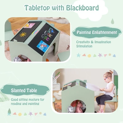 Costway 3 Piece Kids Wooden Table And Chair Set With Blackboard For Drawing Reading Green/Gray/White 5 Costway 3 Piece Kids Wooden Table And Chair Set With Blackboard For Drawing Reading Green/Gray/White - Image 5