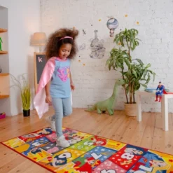 KC CUBS | Justice League Girls Kids Hopscotch Number Counting Educational Learning & Game Play Nursery Bedroom Classroom Rug Carpet, 2' 7" X 6' 0"