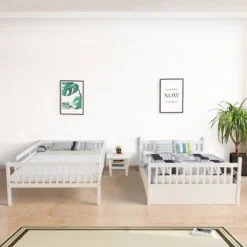 Costway Full Over Full Bunk Bed Platform Wood Bed W/ Trundle & Ladder Rail Brown/White 14 Costway Full Over Full Bunk Bed Platform Wood Bed W/ Trundle & Ladder Rail Brown/White -Children Household Series GUEST 95ba6a1b 8ce2 4a45 b181 d0a0c274ced1