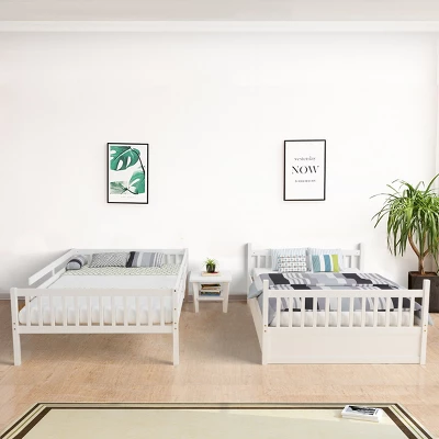 Costway Full Over Full Bunk Bed Platform Wood Bed W/ Trundle & Ladder Rail Brown/White 4 Costway Full Over Full Bunk Bed Platform Wood Bed W/ Trundle & Ladder Rail Brown/White - Image 4