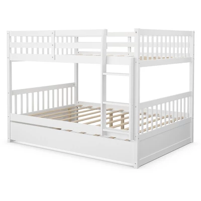 Costway Full Over Full Bunk Bed Platform Wood Bed W/ Trundle & Ladder Rail Brown/White 10 Costway Full Over Full Bunk Bed Platform Wood Bed W/ Trundle & Ladder Rail Brown/White - Image 10
