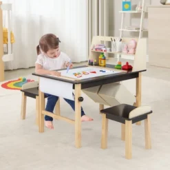Costway Kids Art Table & Chairs Set Wooden Drawing Desk With Paper Roll Storage Shelf Bins -Children Household Series GUEST 9b6e5dd0 951e 474d 8a63 48ae995e6600