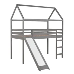 House Shape Twin Size Loft Bed With Slide, Gray - ModernLuxe -Children Household Series GUEST 9e4e39d5 9766 4bd9 b432 e95b3ceb7a43