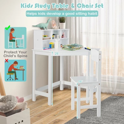 Costway Kids Corner Desk & Chair Set Wooden Study Writing Workstation With Storage & Hutch 7 Costway Kids Corner Desk & Chair Set Wooden Study Writing Workstation With Storage & Hutch - Image 7