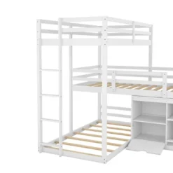Twin Size L-shaped Wood Triple Bunk Bed With Storage Cabinet, Ladder And Blackboard-ModernLuxe -Children Household Series GUEST b7b6f61c 6a6f 42a1 b10e 82c61e0c9a3c